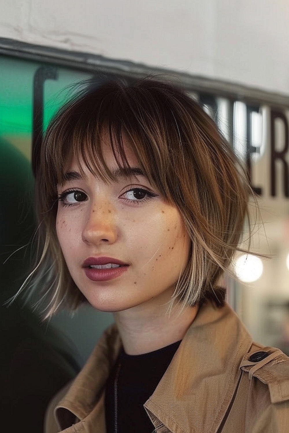 Textured bob with wispy bangs and layers for fine hair