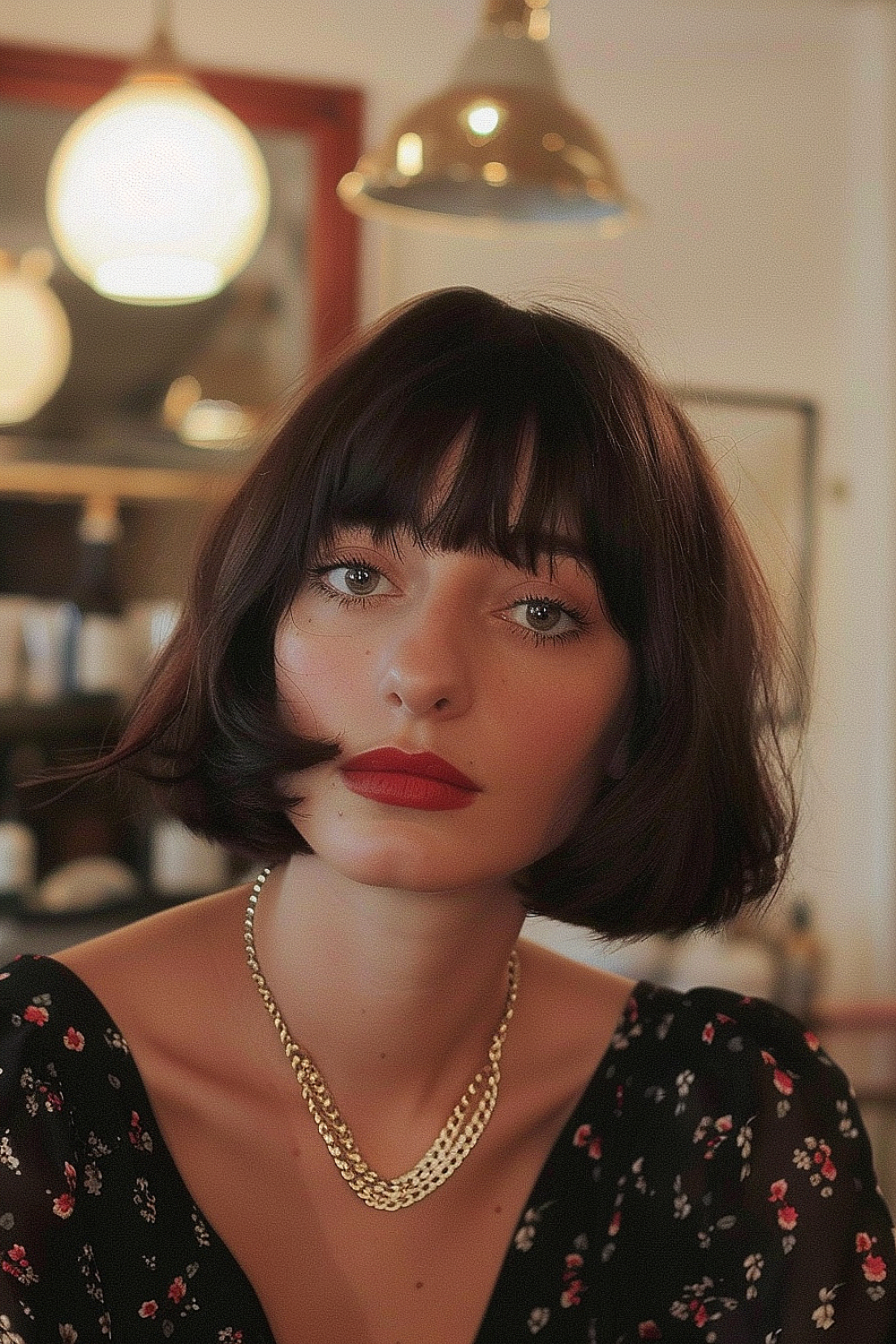 Woman with a chic bob and French girl bangs in deep chestnut brown