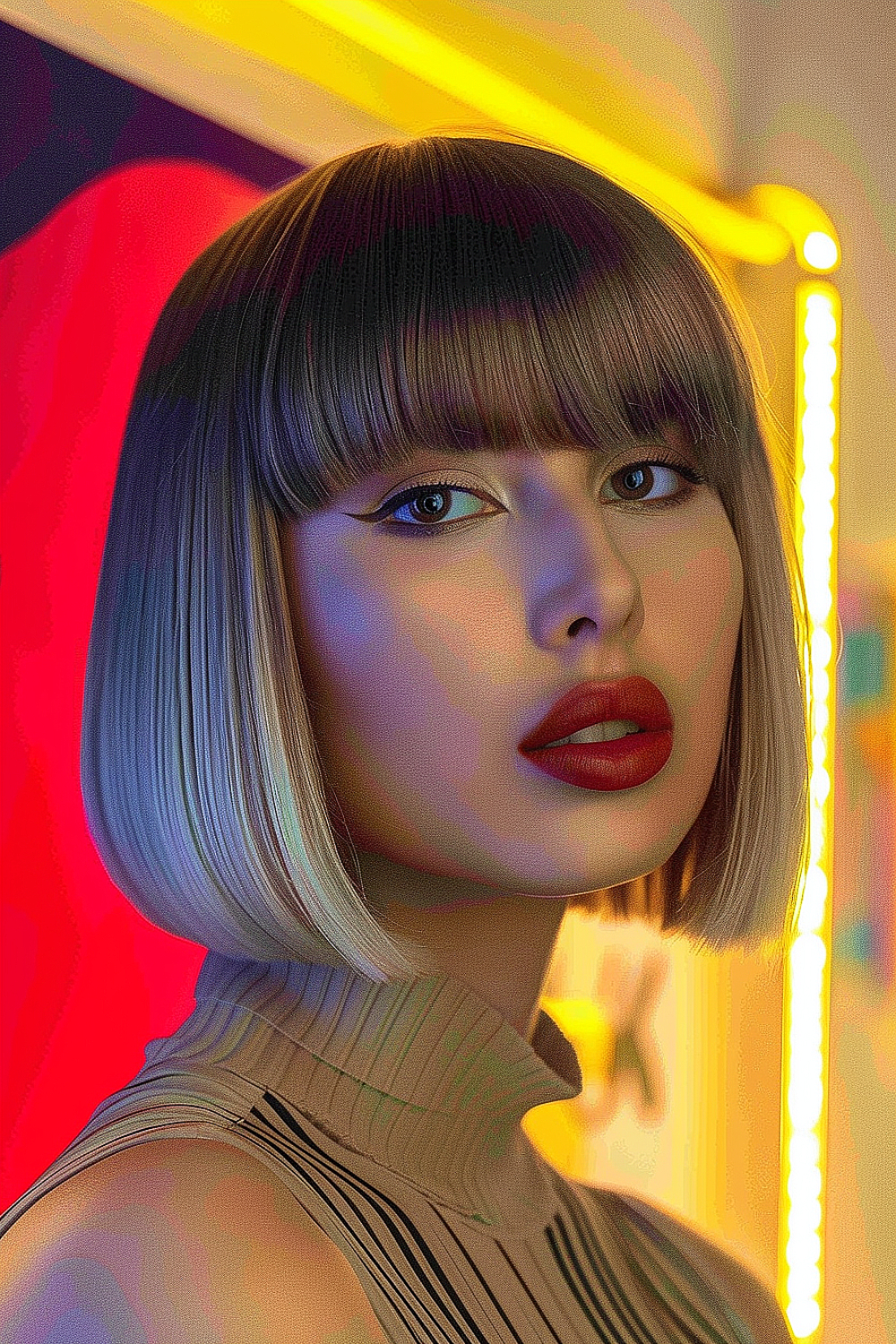 Woman with a futuristic platinum blonde bob and heavy straight bangs