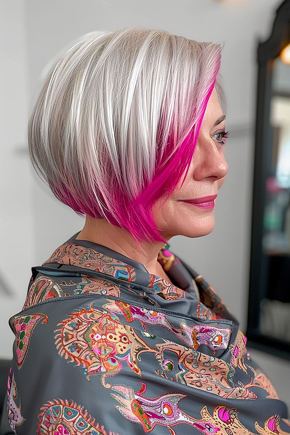 Bob hairstyle with peek-a-boo pink color accents