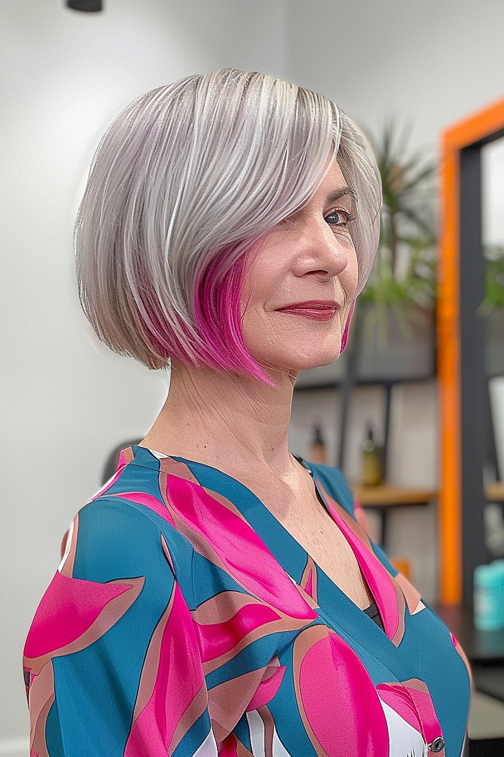 A woman with a silver bob hairstyle featuring peek-a-boo pink colors for a vibrant surprise element