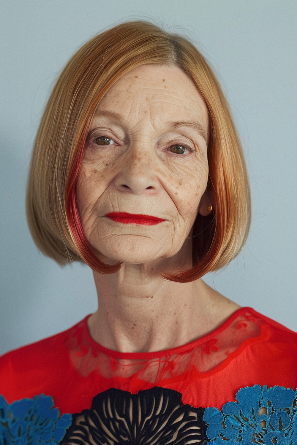 Bob with red highlights for women over 70