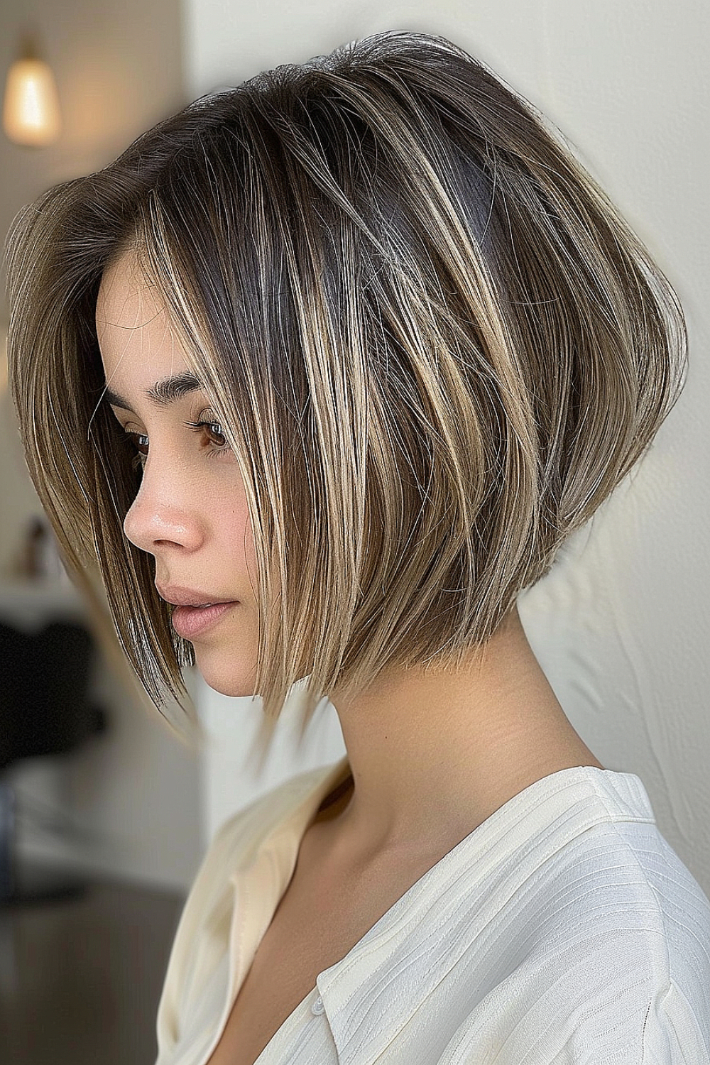 A modern bob haircut with blended highlights and precision tapered ends