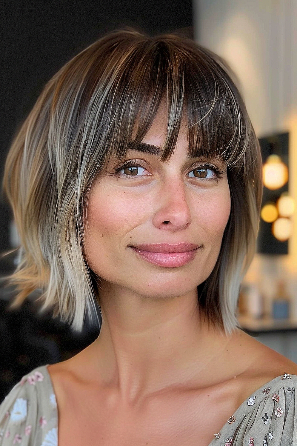 Woman with a bob and wispy layered bangs, featuring a brunette to blonde ombre