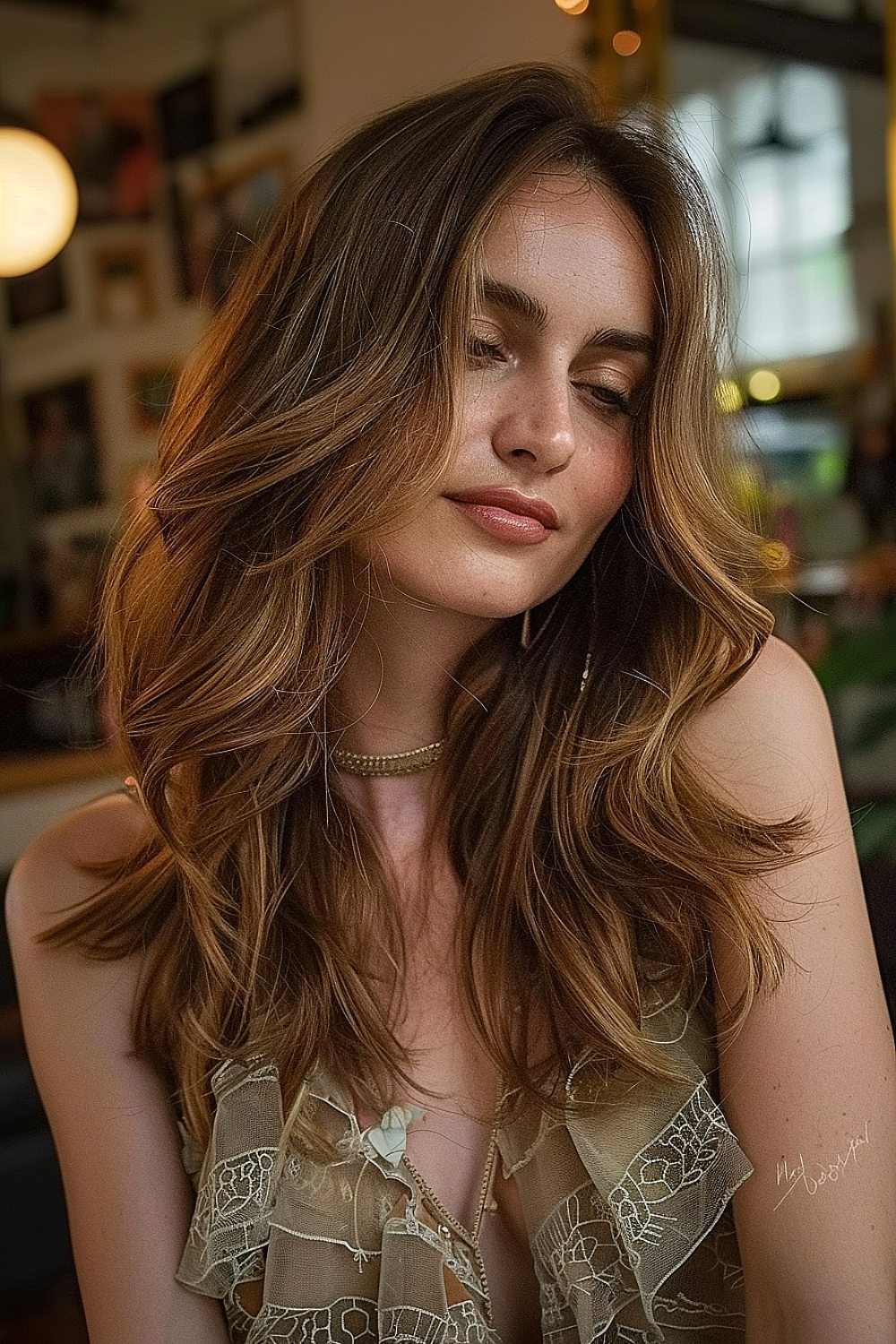 Long, soft waves with feathered layers for a bohemian look