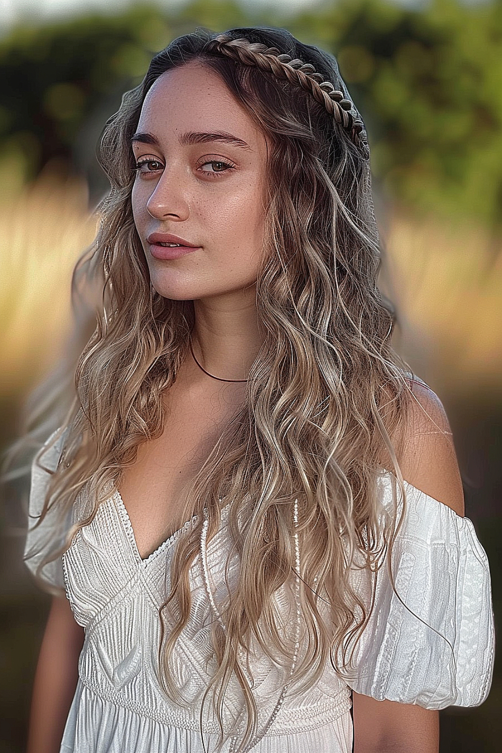 Long hair with boho beach waves and delicate braids