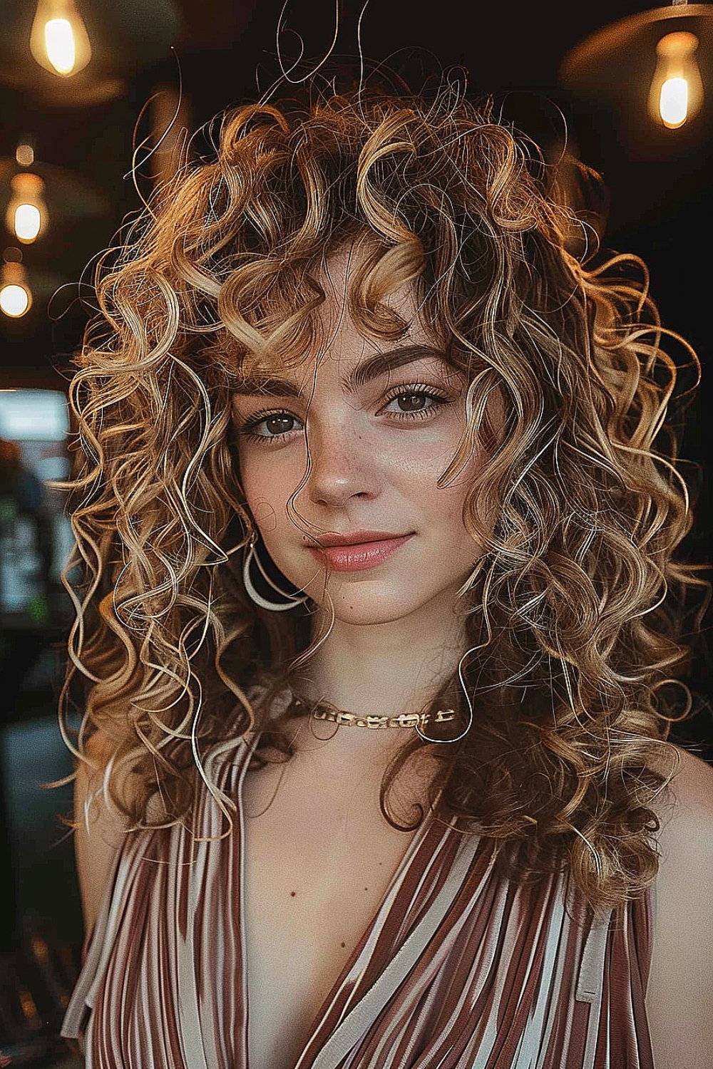 Woman with Boho chic curly shag haircut featuring soft curls and fringe