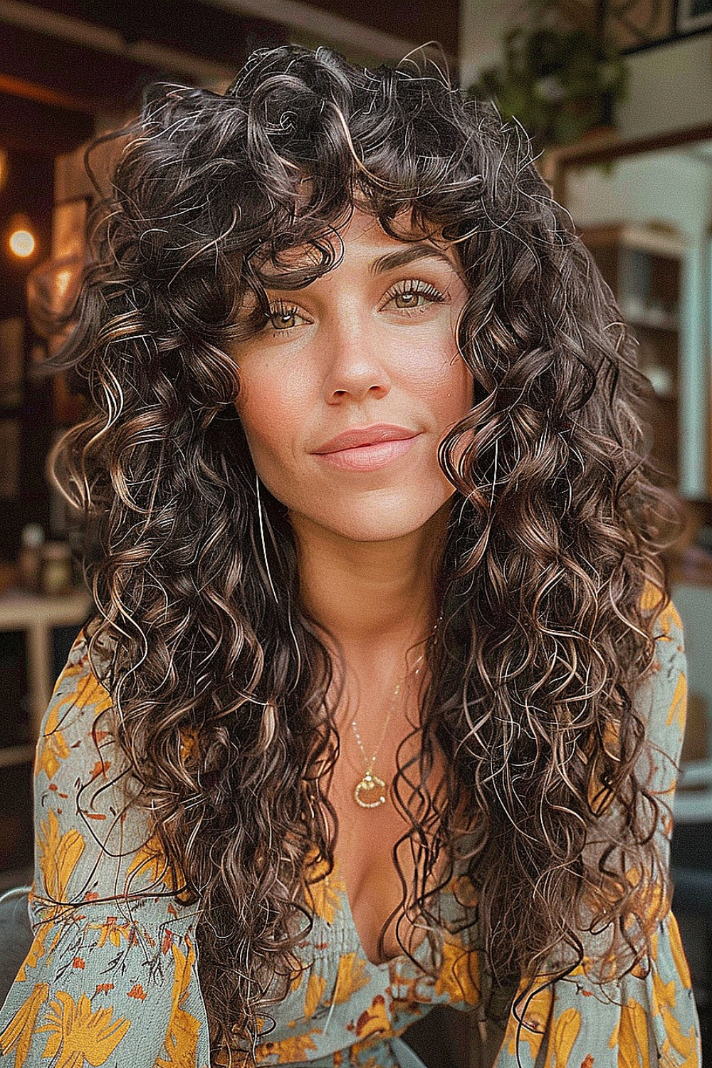 Long boho shag hairstyle with voluminous natural curls and a layered cut