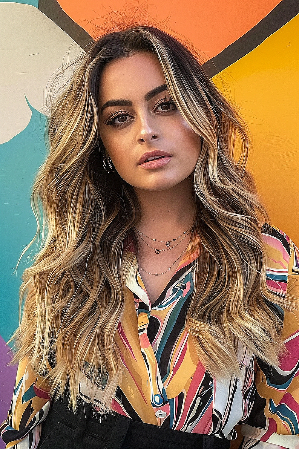 Long hair with bold beach waves and blonde highlights