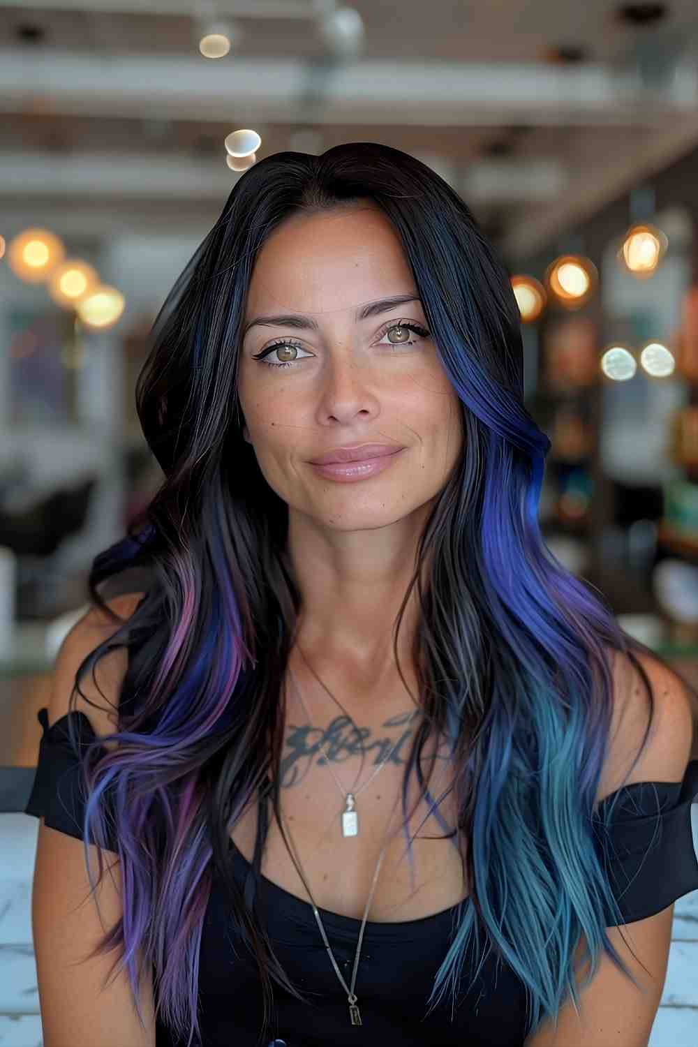 Bold blue and purple streaks on black hair