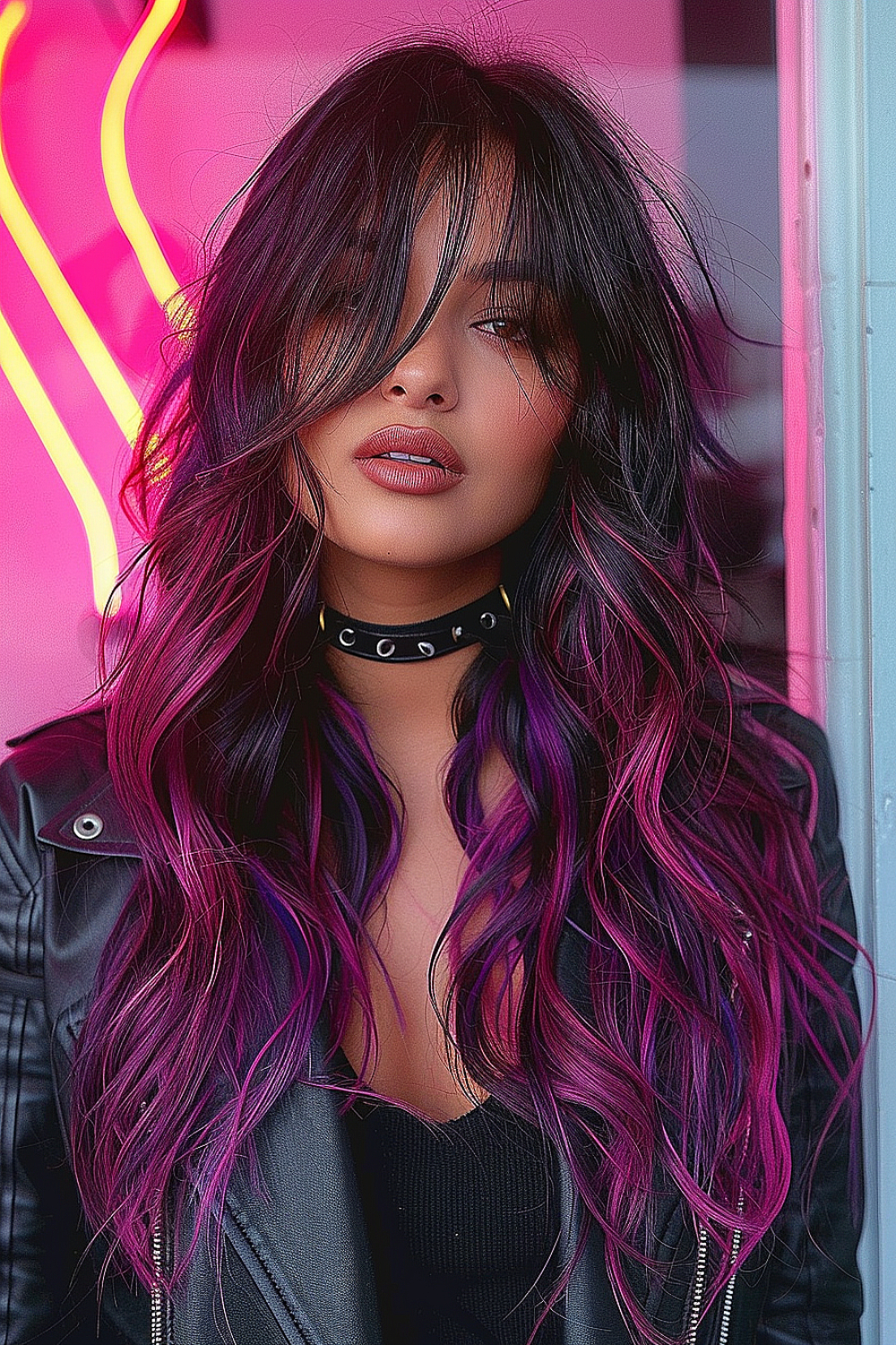 A woman with long layered hair featuring bold purple streaks