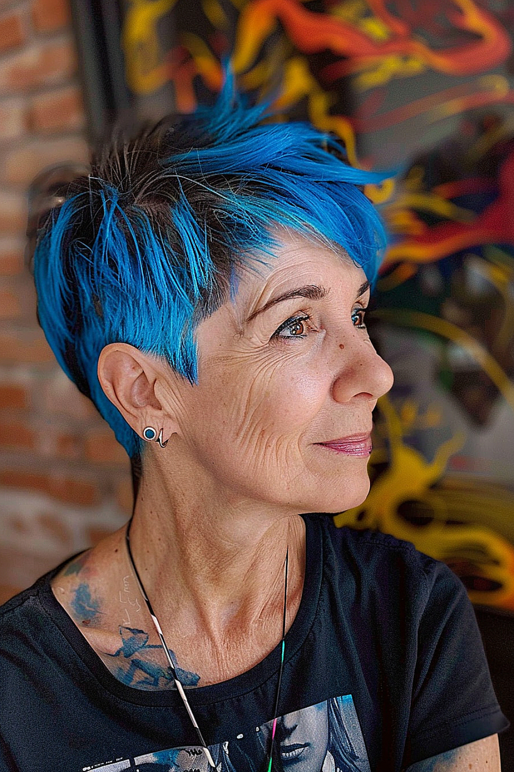 Bold pixie cut with electric blue tips on a woman over 50