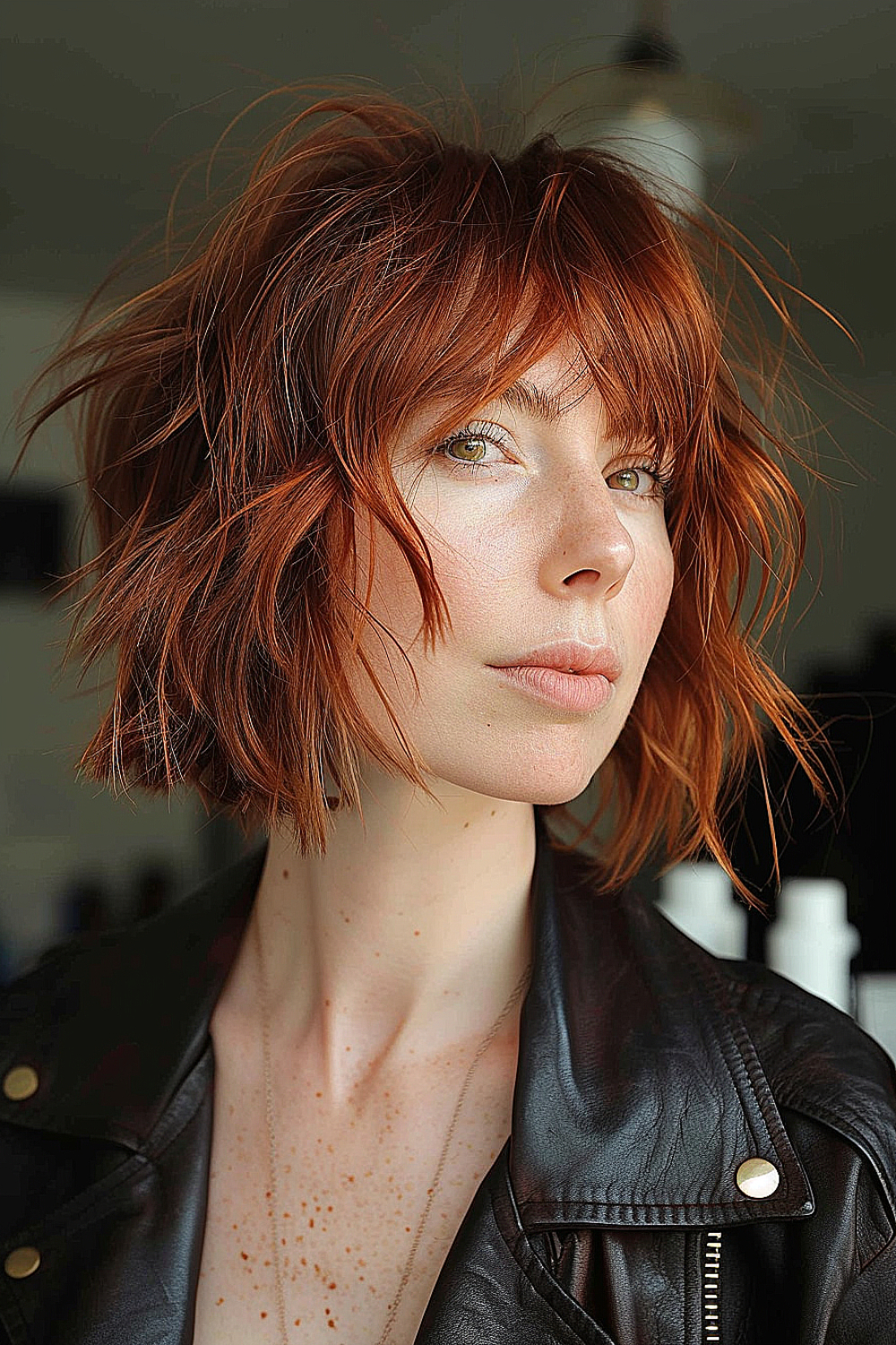 Woman with a bold red shaggy bob haircut and curtain bangs