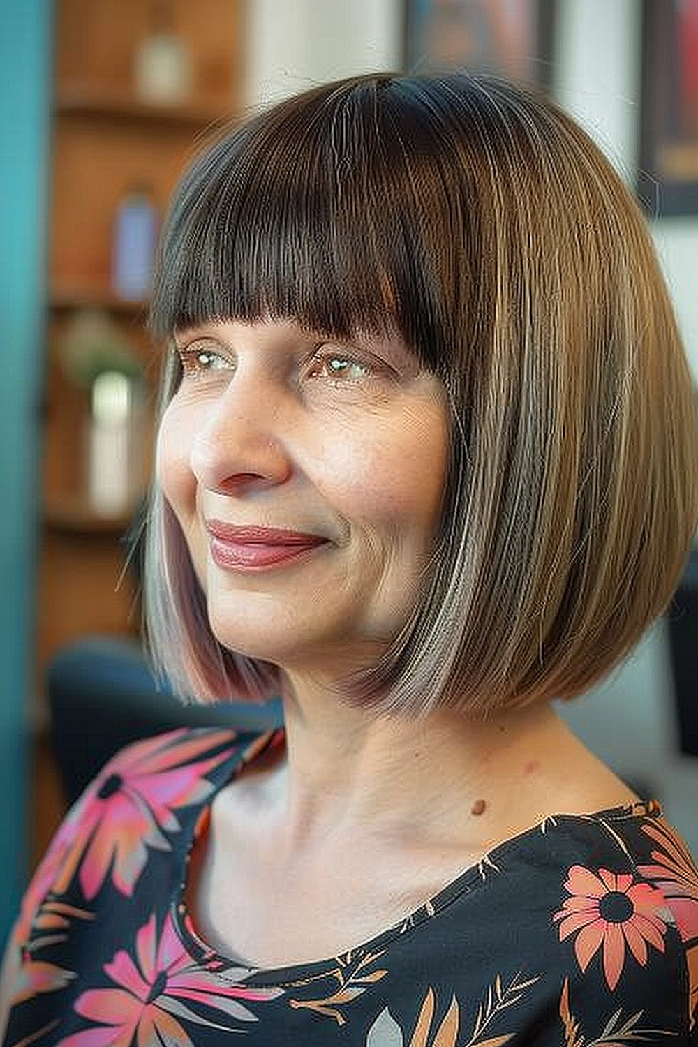 Woman with a chic bouncy bob and rounded bangs, featuring a subtle brunette to lighter hue ombre