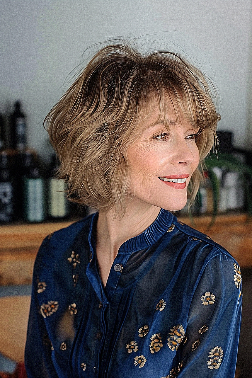 Bouncy bob with wispy bangs for women over 60