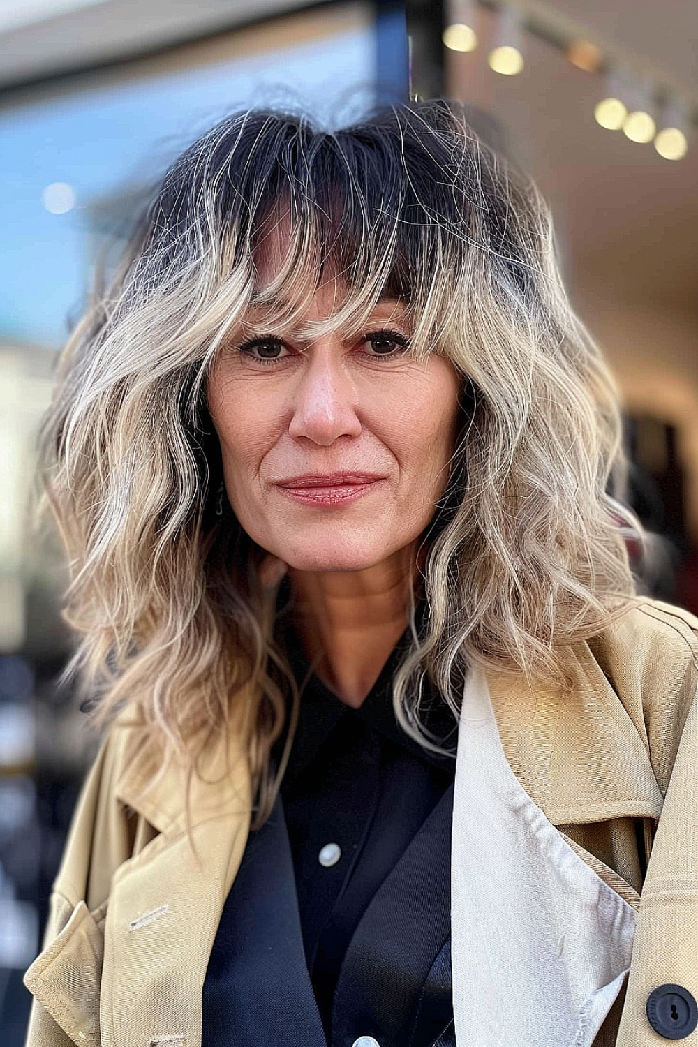 Woman with a bouncy shag haircut, featuring layered dark hair with blonde tips