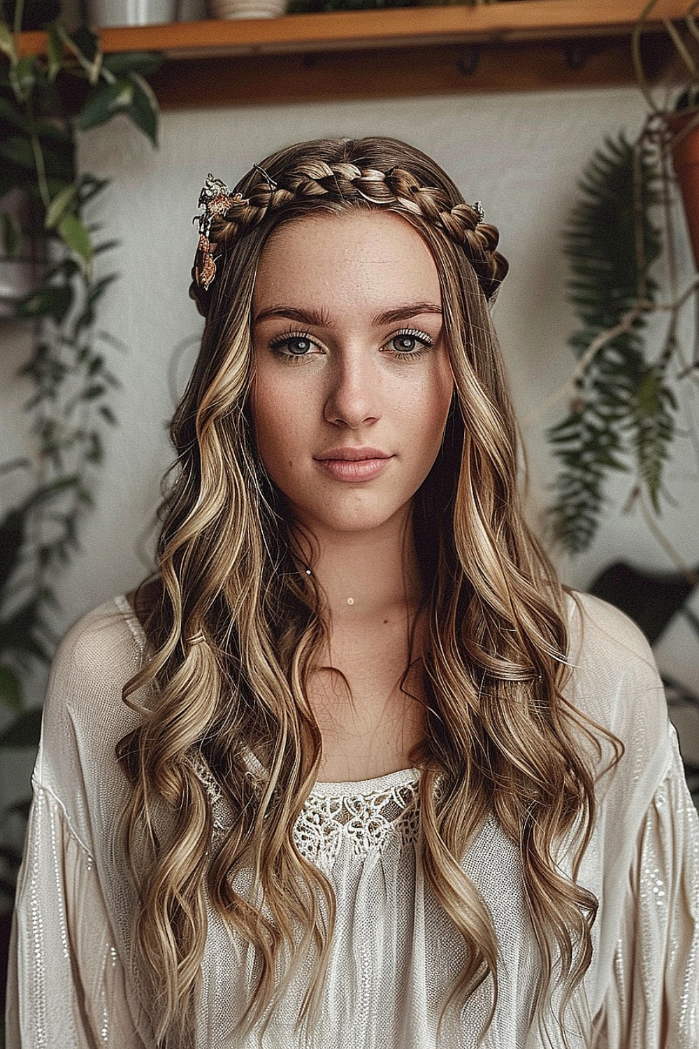 Long hair with a braided crown and subtle balayage