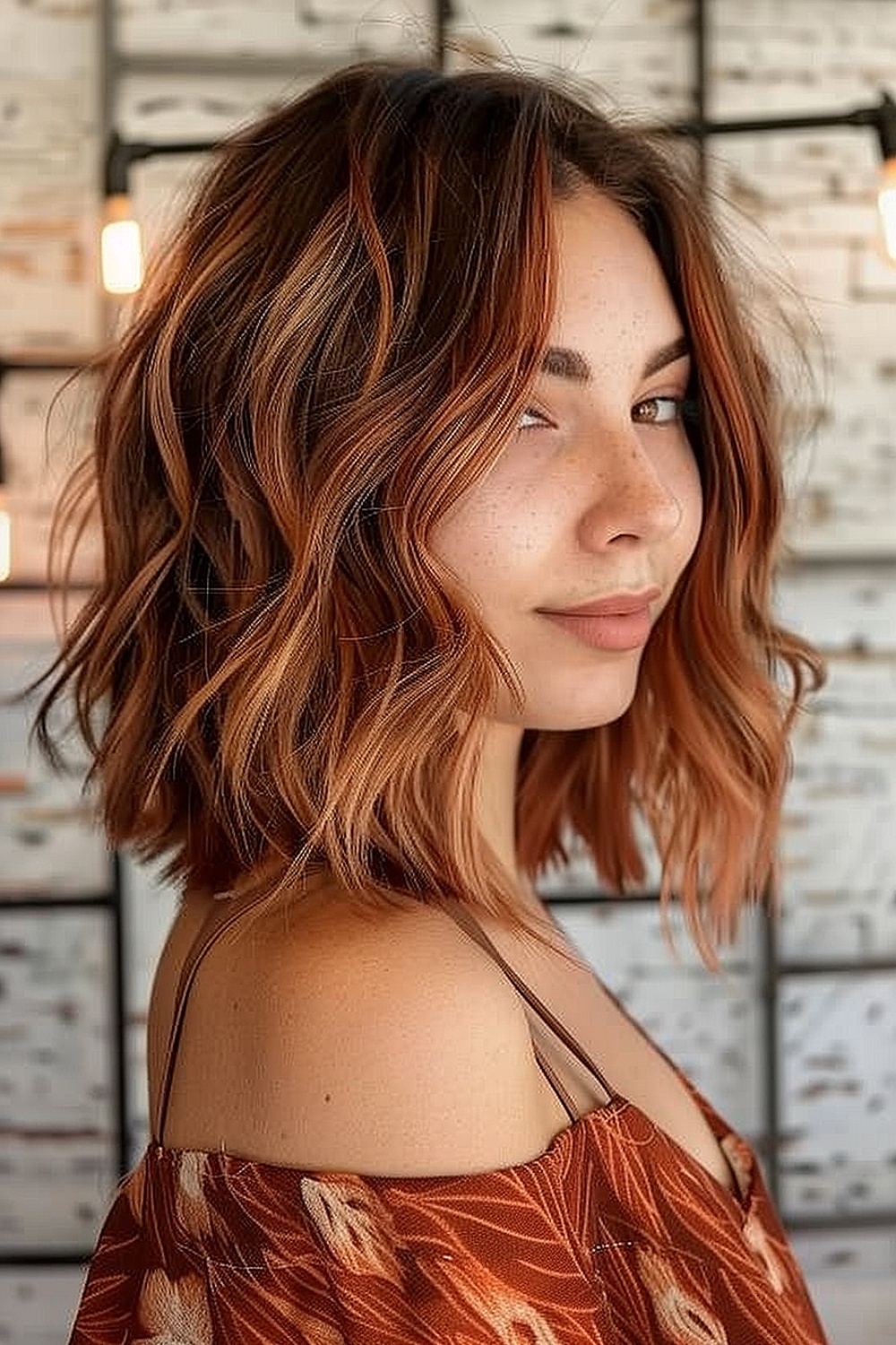 Bronze-toned wavy lob with soft waves