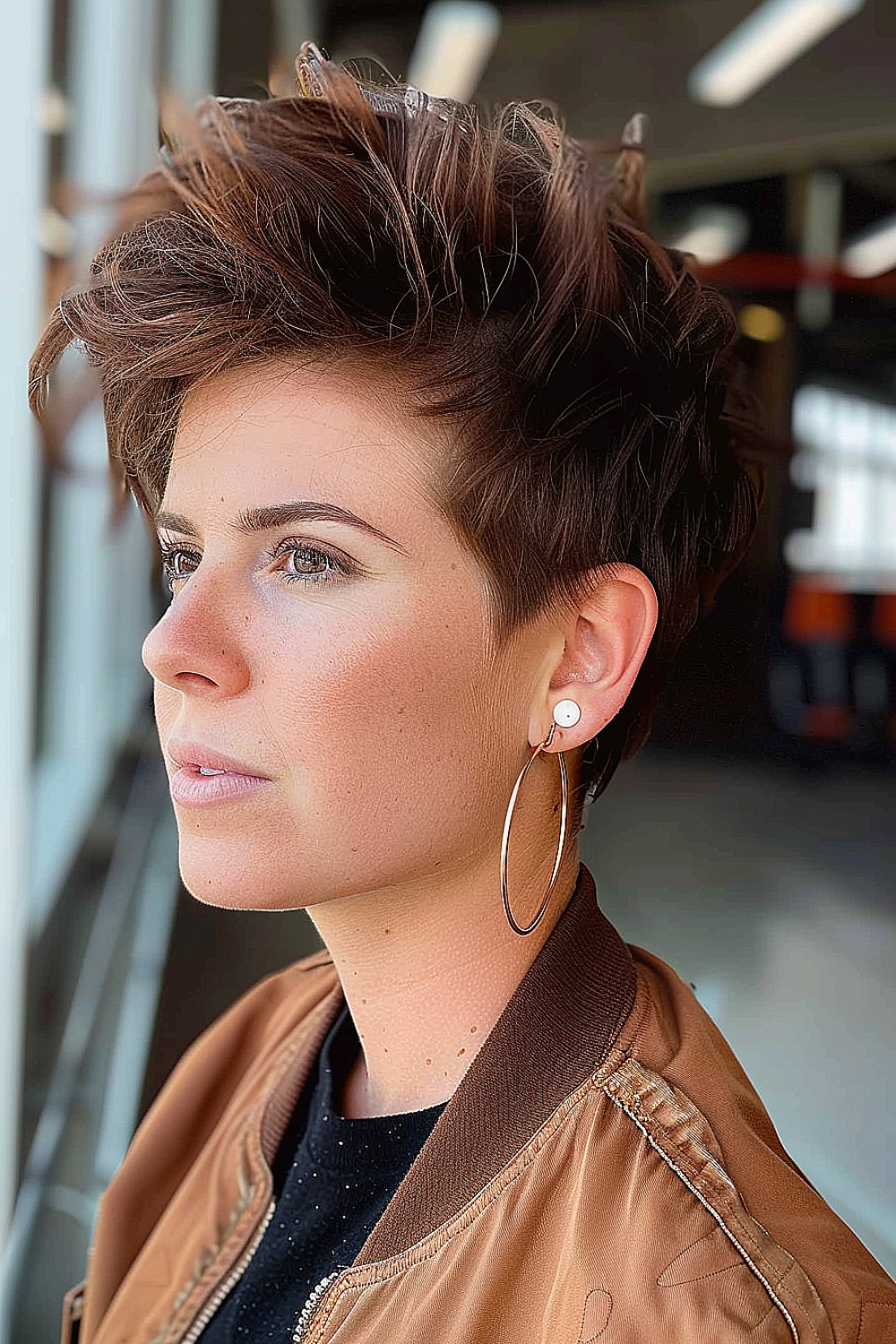 Brown hair tousled pixie cut with voluminous top and tousled layers