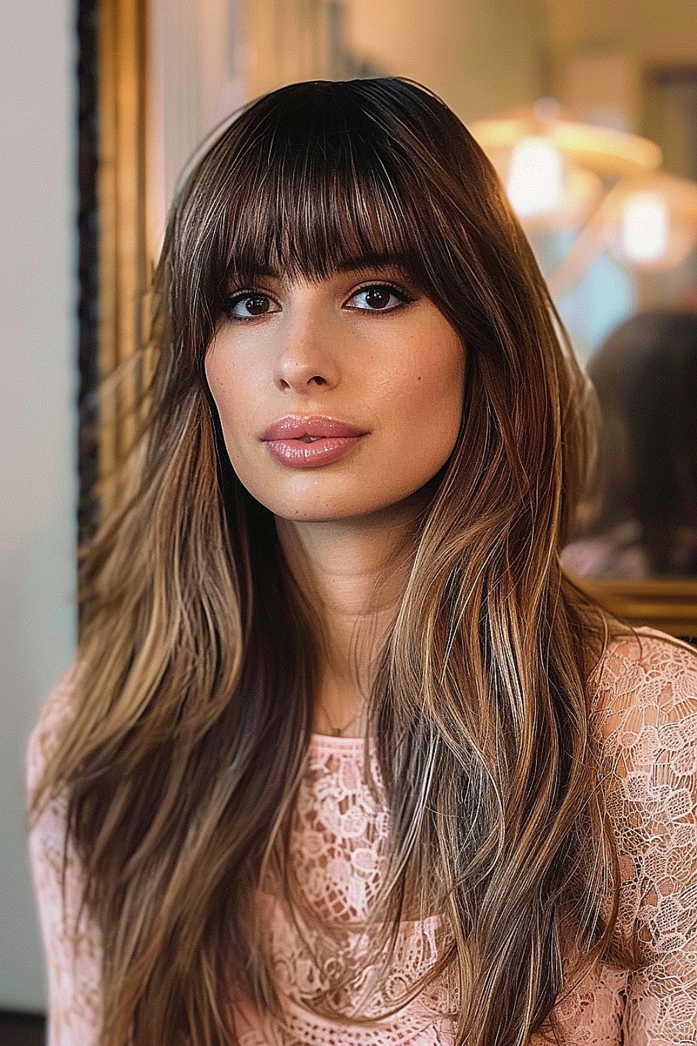 Brown straight hair with balayage highlights and full bangs