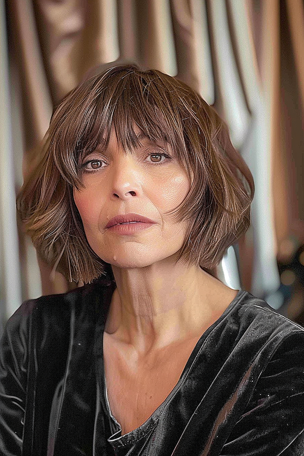 Woman with a shaggy brunette bob and a straight fringe for an elegant look