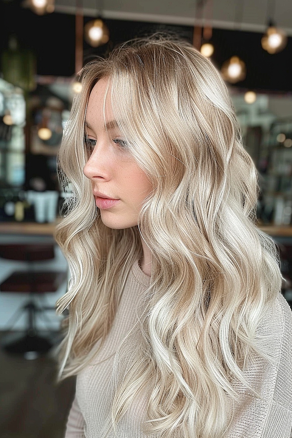 Woman with buttery blonde hair and tousled waves