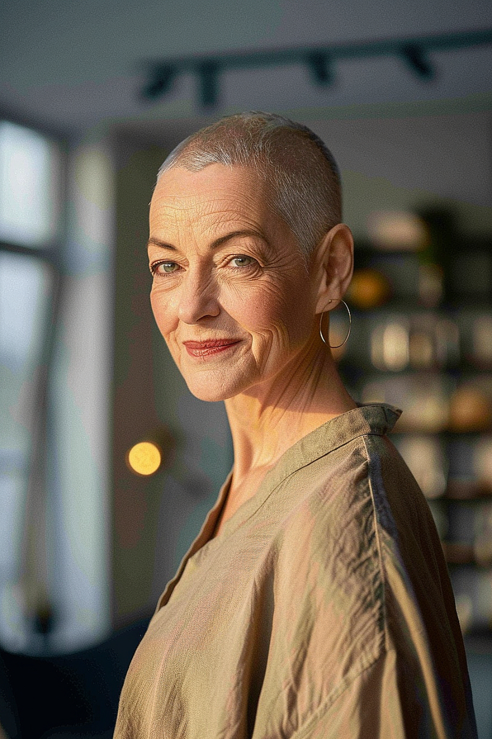 A woman with a clean, even buzz cut, embracing a minimalist style