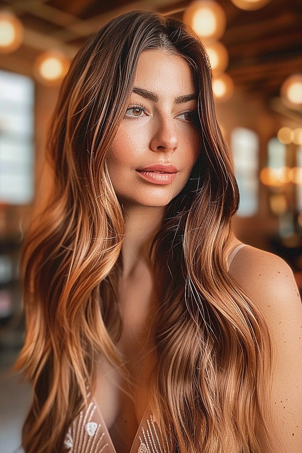 Woman with caramel blonde hair and soft layers