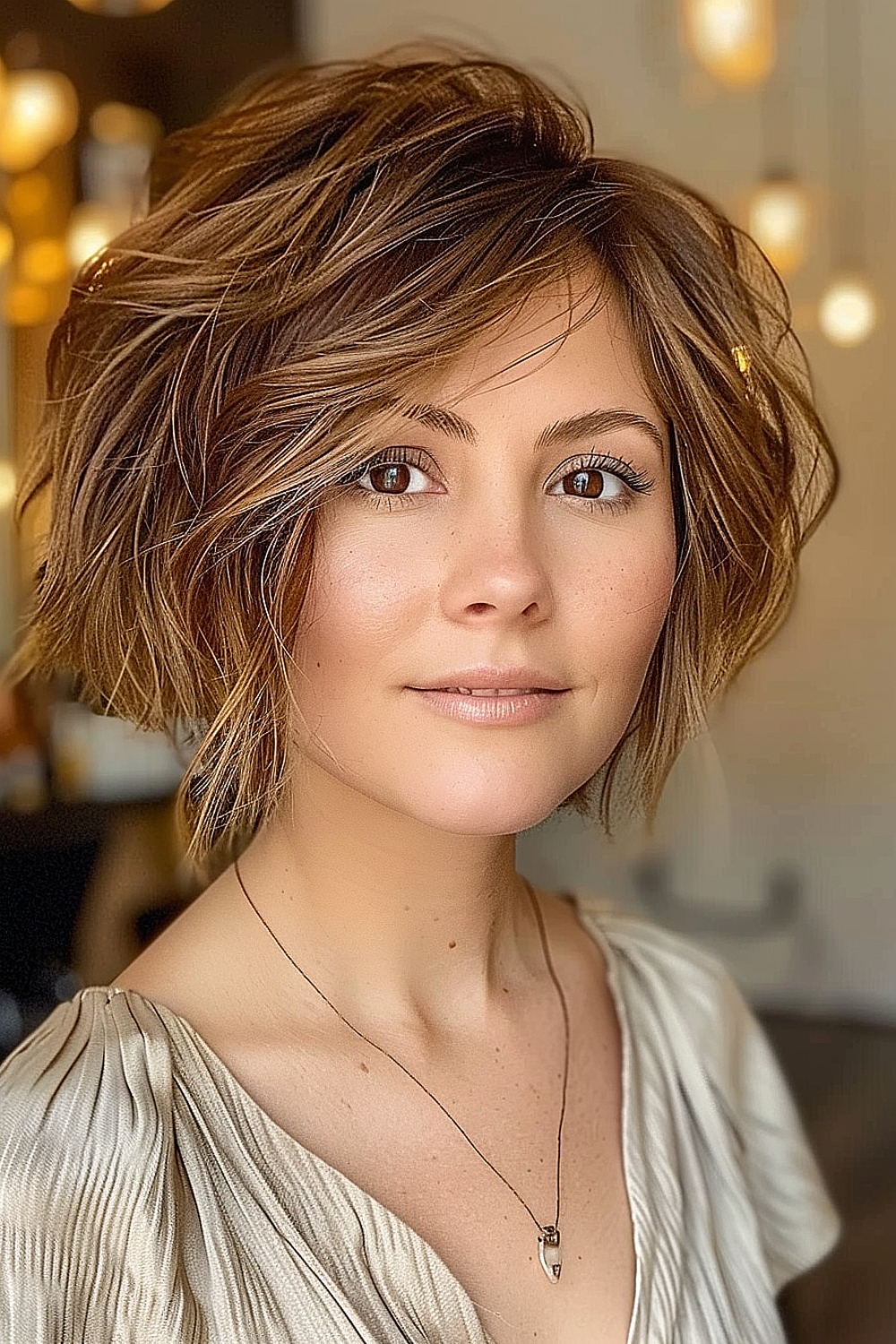 Woman with a caramel swirl shaggy bob and swooping bangs, featuring warm highlights