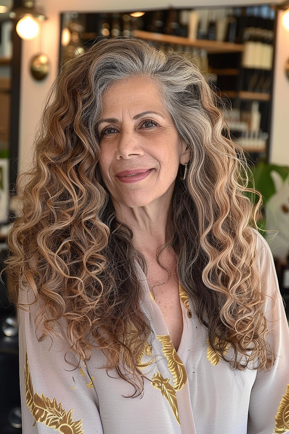 Cascading curls with silver highlights for women over 60