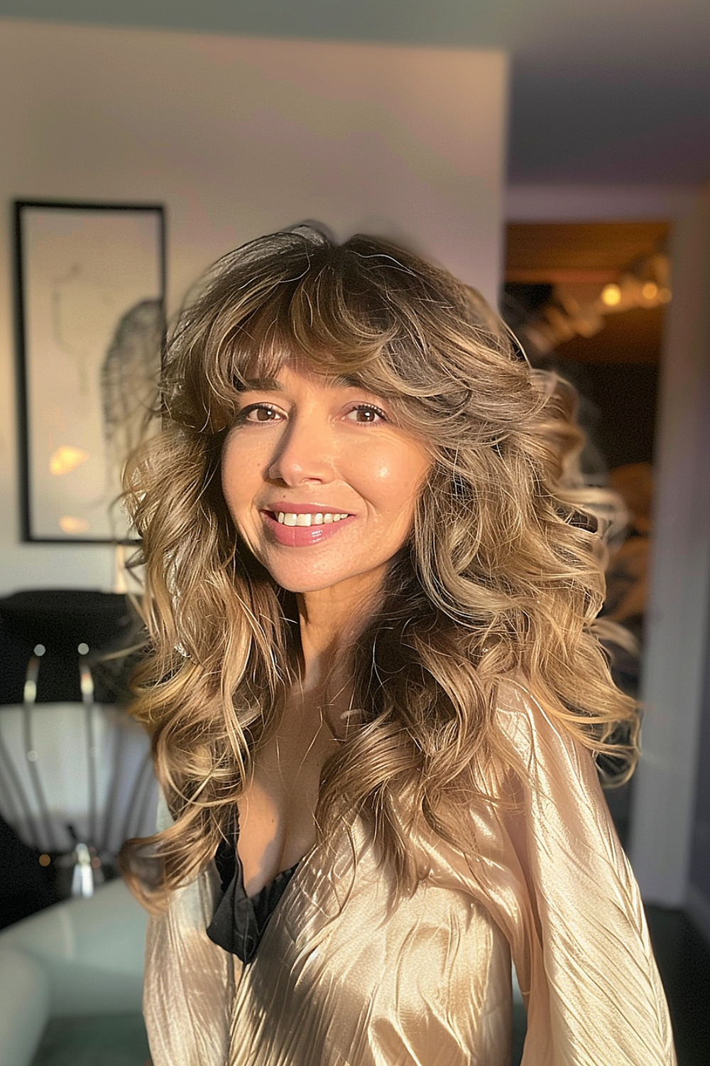 Woman with cascading curls and feathered bangs