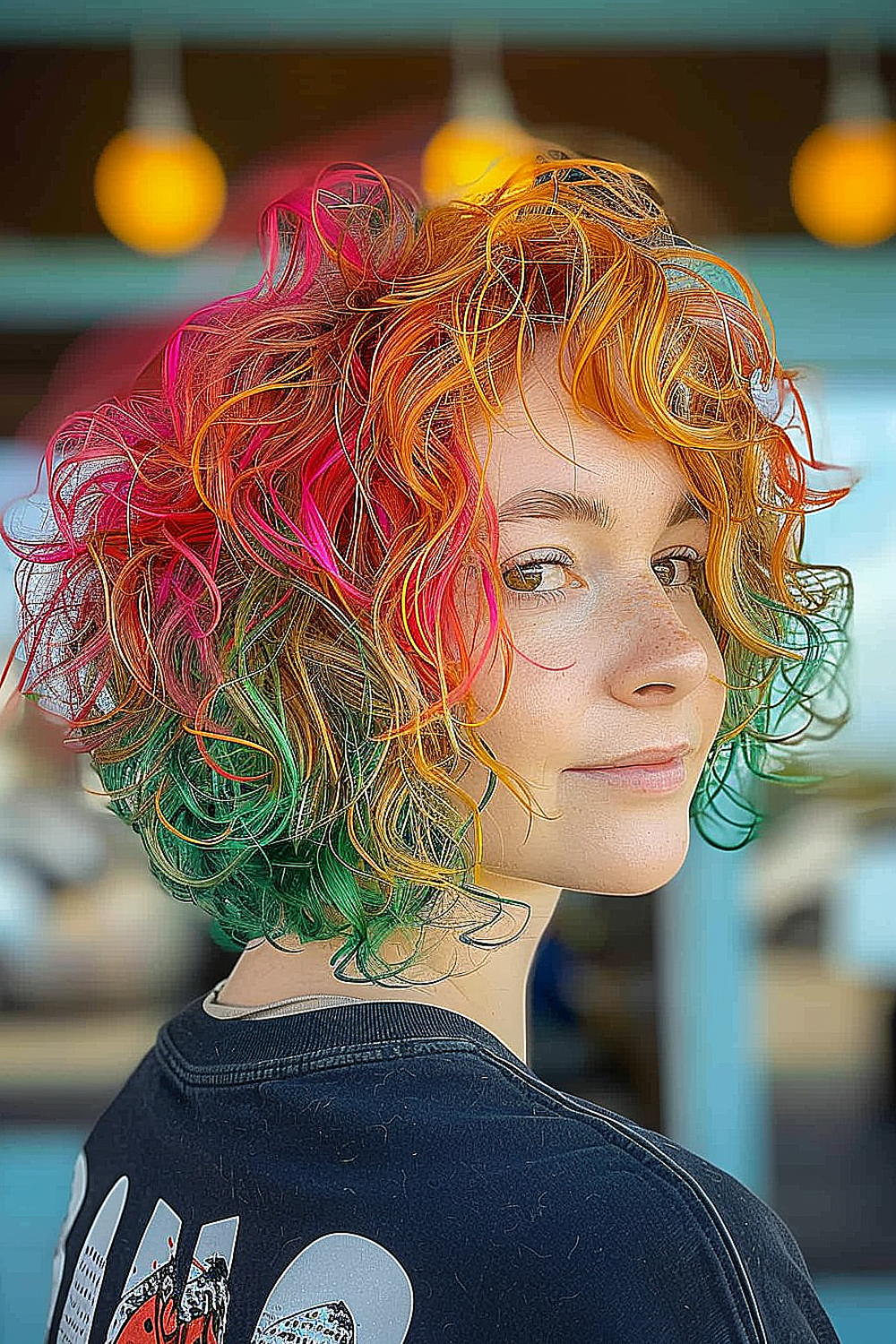 Cascading curly layers with bold color accents