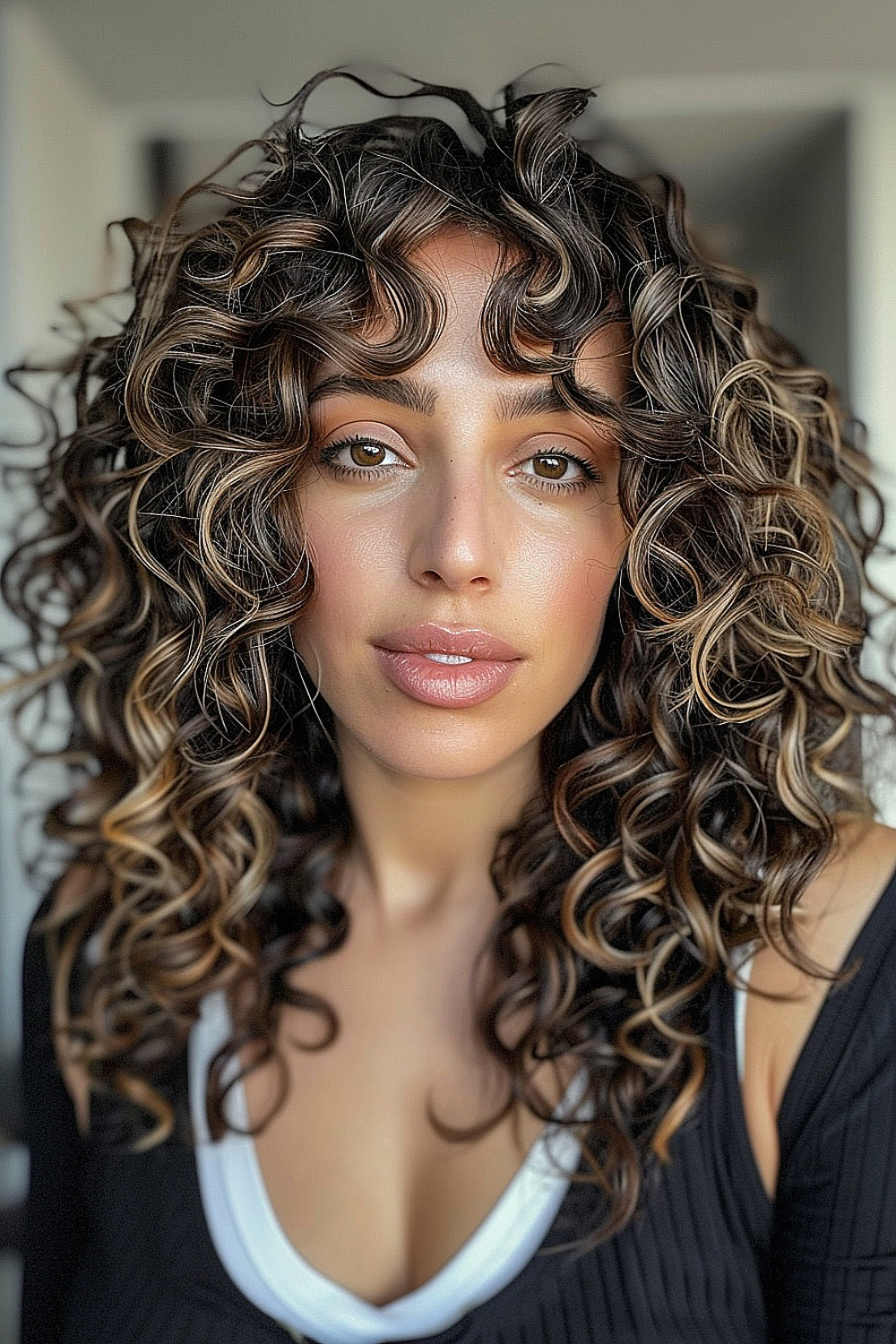 Woman with cascading curly layers and honey and espresso highlights