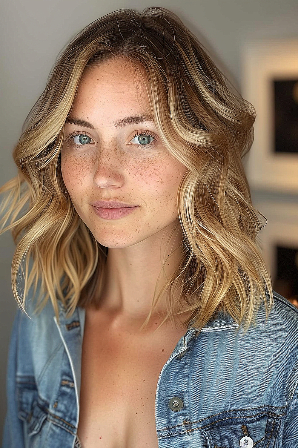 A casual lob with relaxed waves and sun-kissed highlights for a natural, beachy look.