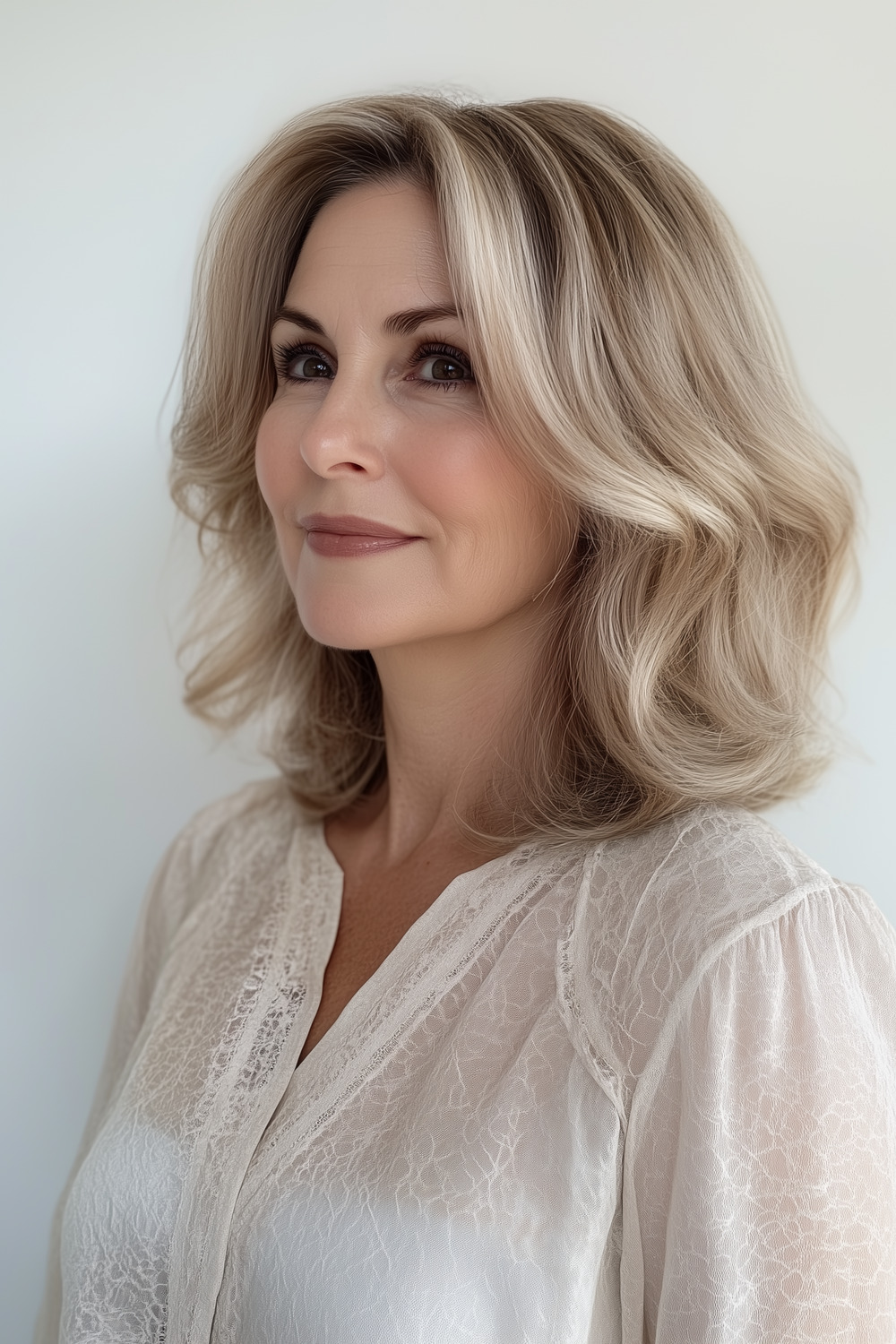 Champagne blonde balayage on shoulder-length hair