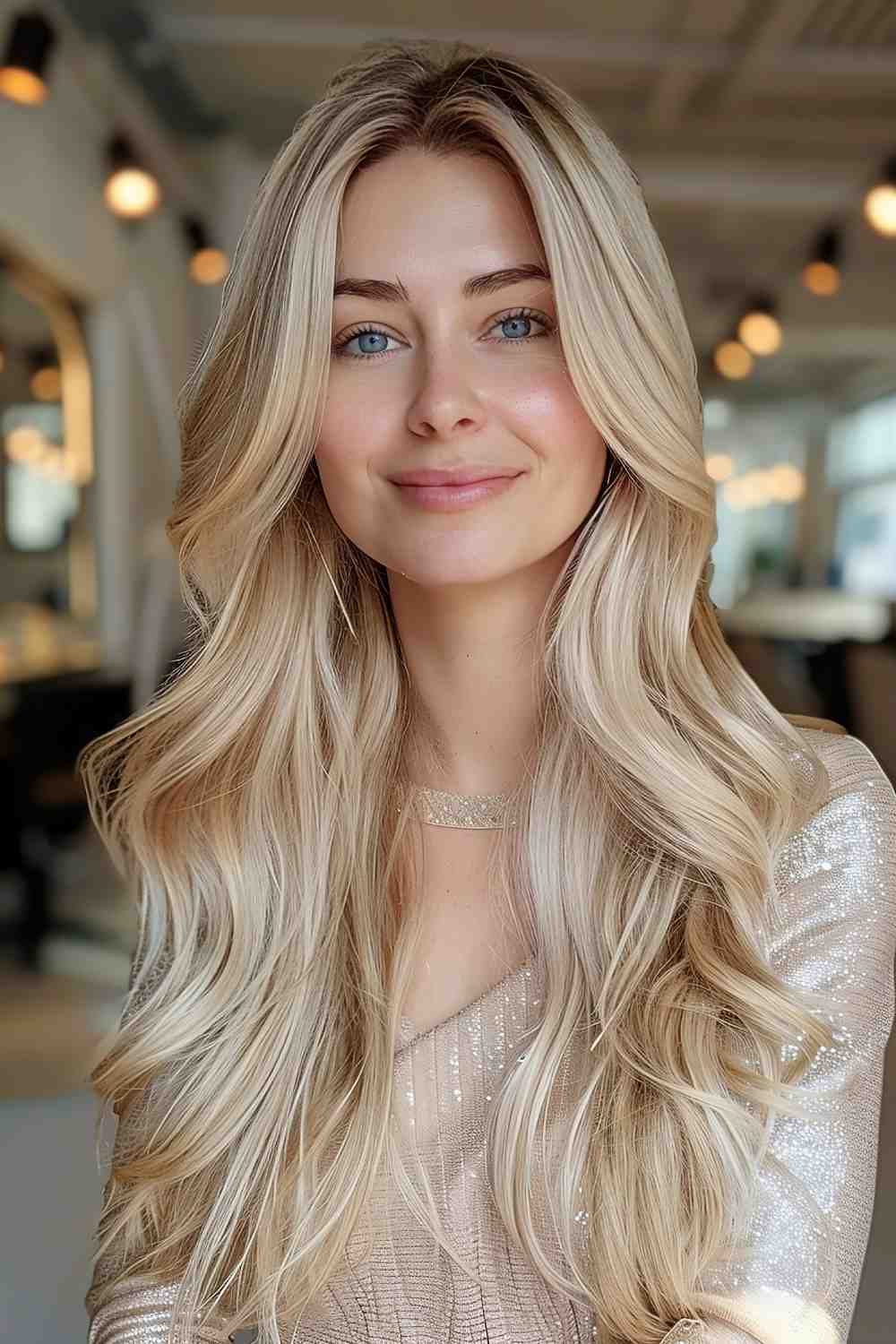 Champagne blonde hair with soft end curls