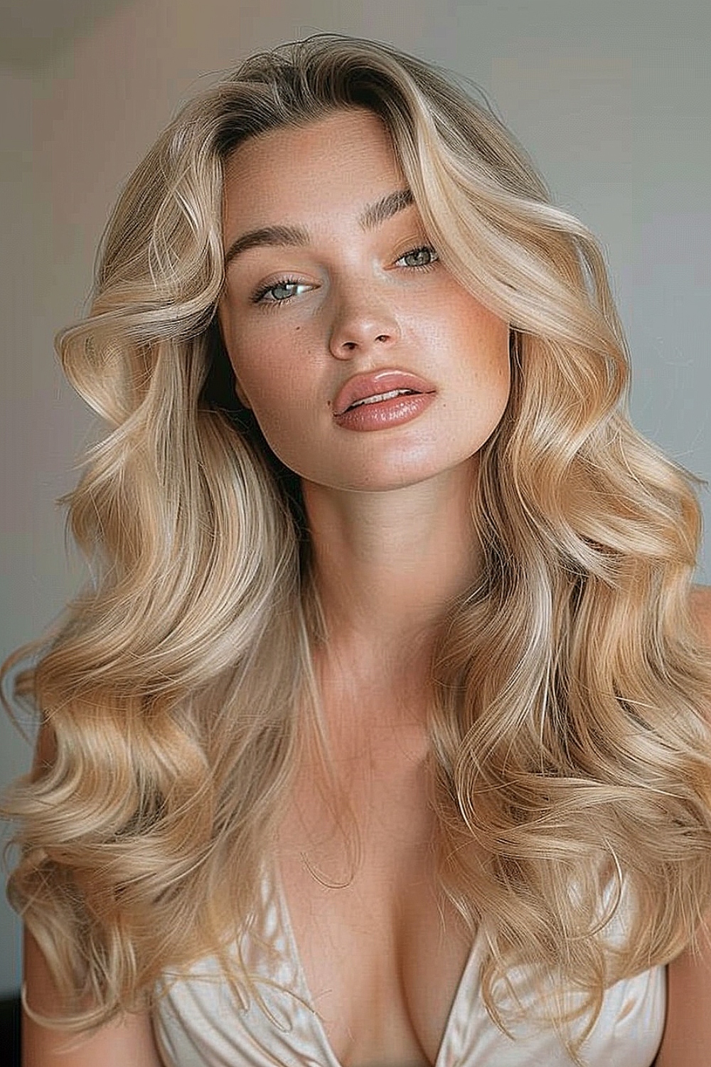 Woman with champagne blonde hair and soft beach waves