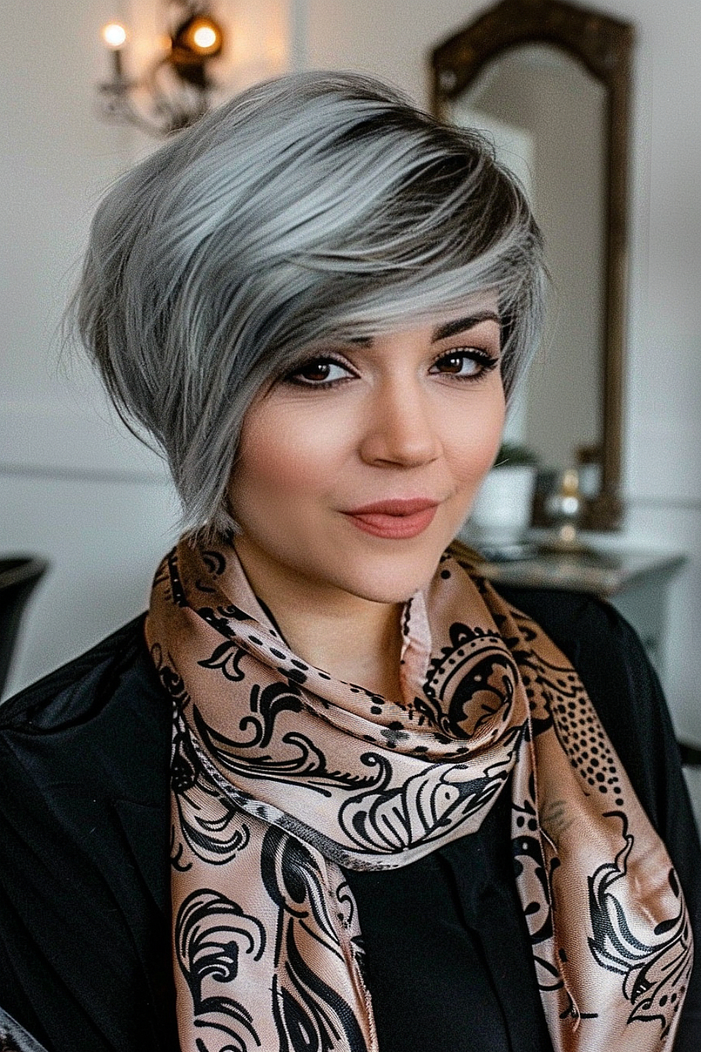 Woman with a charcoal grey bixie haircut and textured layers