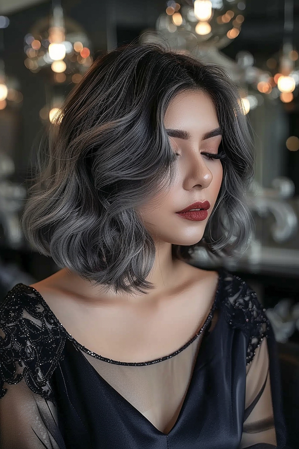 Charcoal grey wavy lob with soft waves