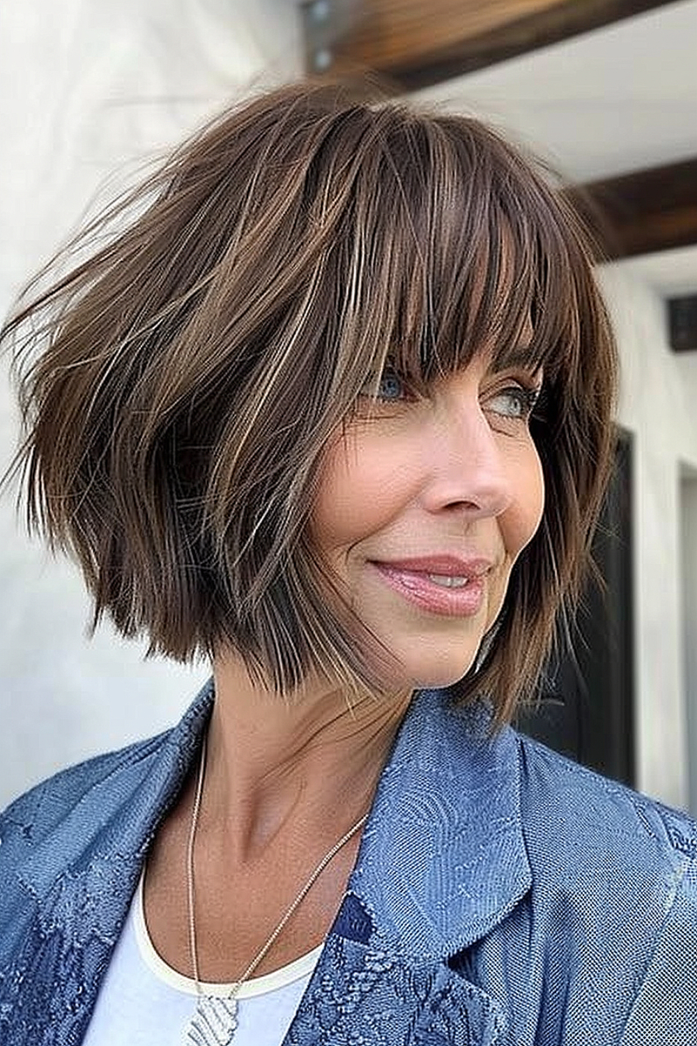 Woman with a chestnut choppy bob and textured bangs