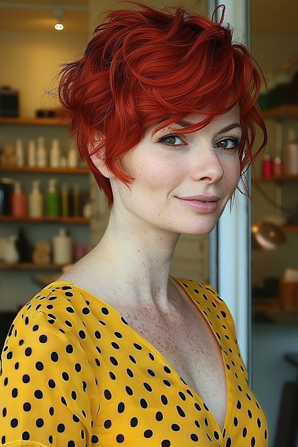 Cherry red layered pixie with side part