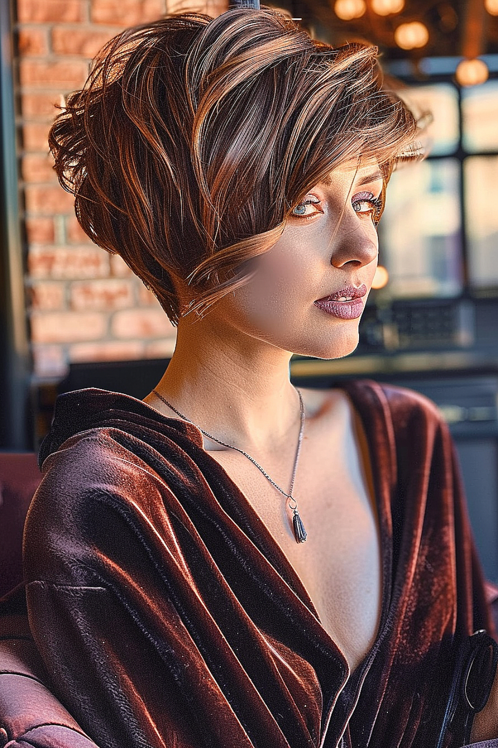 Woman with a chestnut brown bixie haircut and luminous highlights