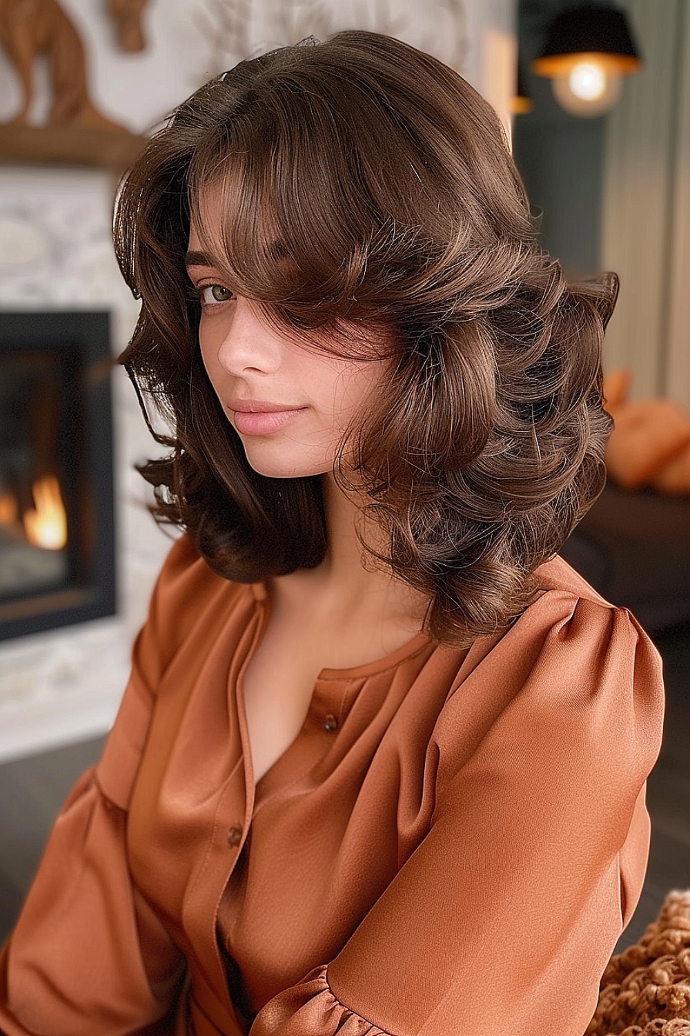 Chestnut brown wavy lob with voluminous curls