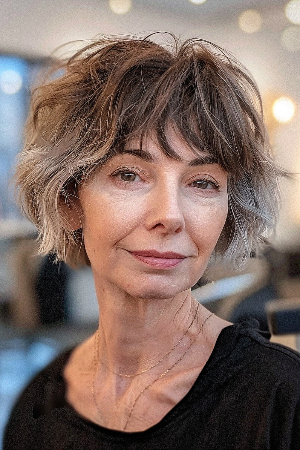 Mature woman with a chic cropped hairstyle featuring subtle waves and textured layers