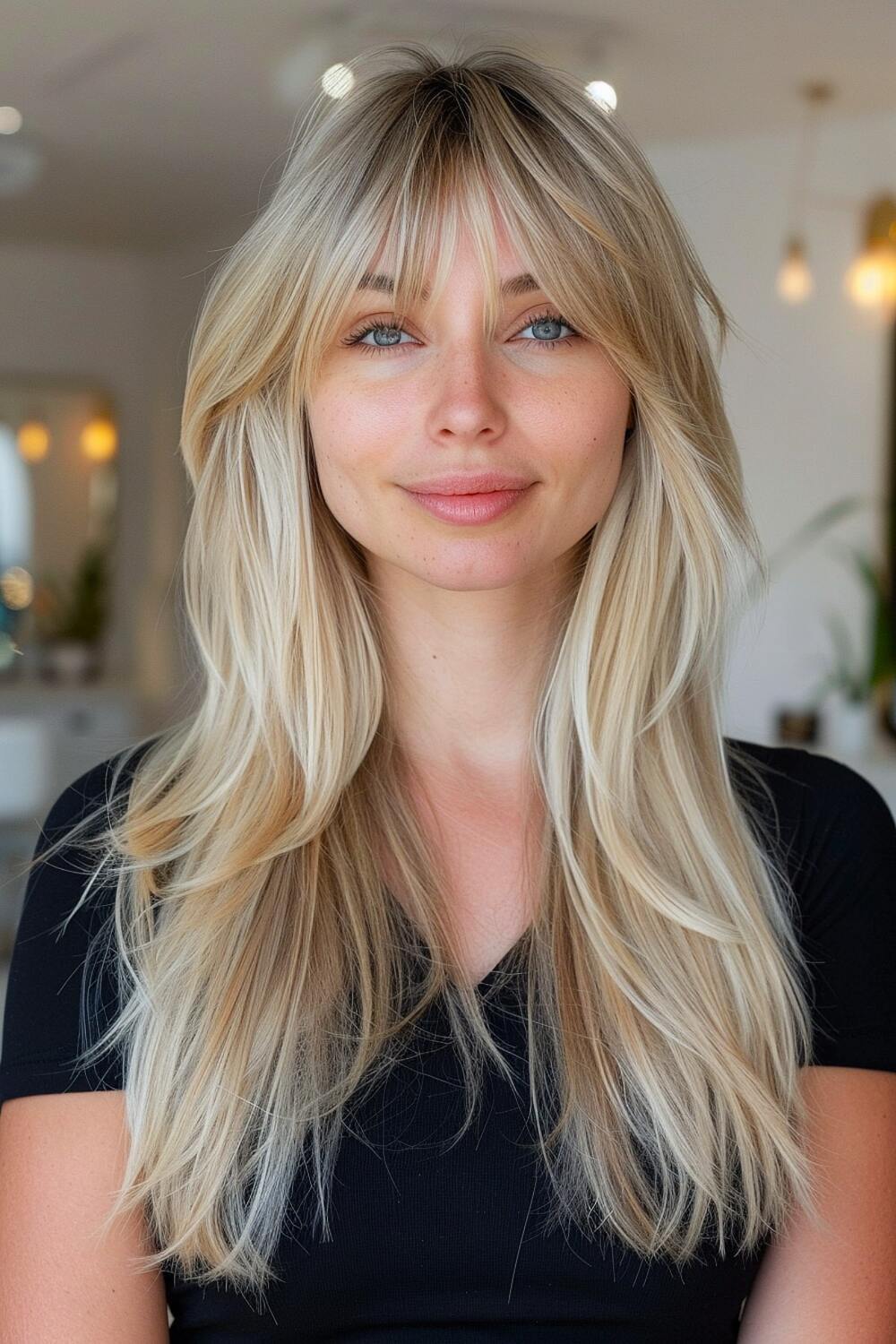 Chic long layered hairstyle with bangs