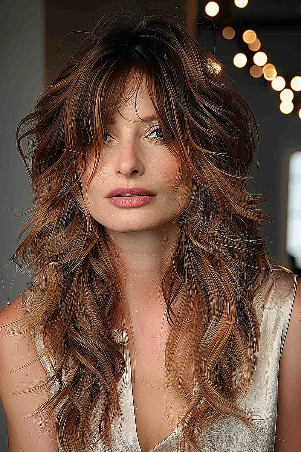 A woman with a long layered shag hairstyle and light brown highlights with curtain bangs