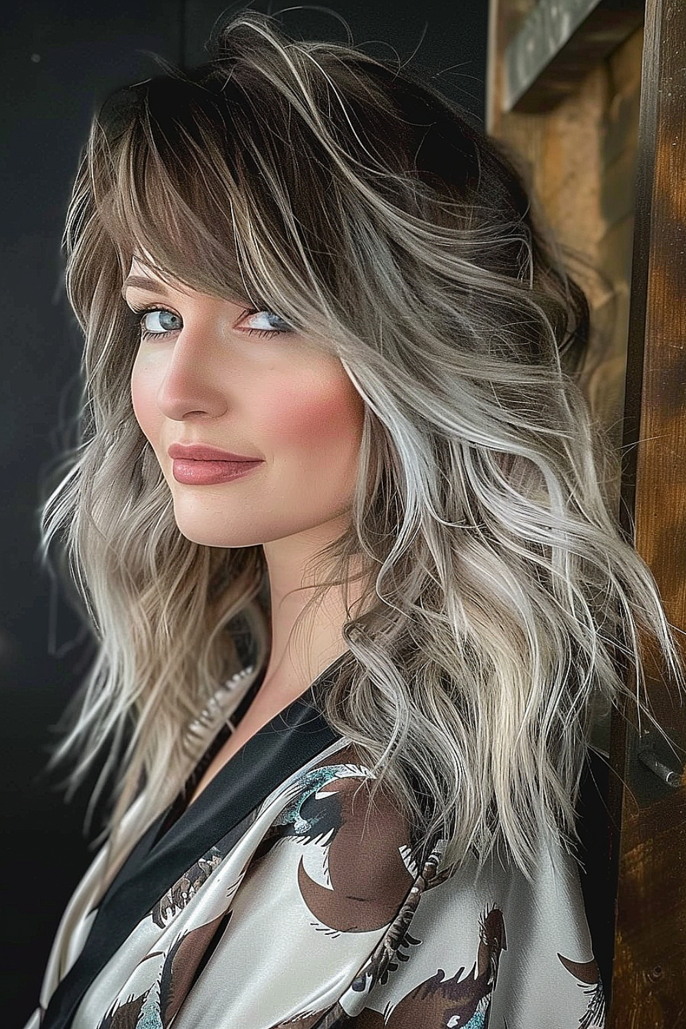 Mid-length shag haircut with contrasting silver strands, dark roots, and feathered bangs