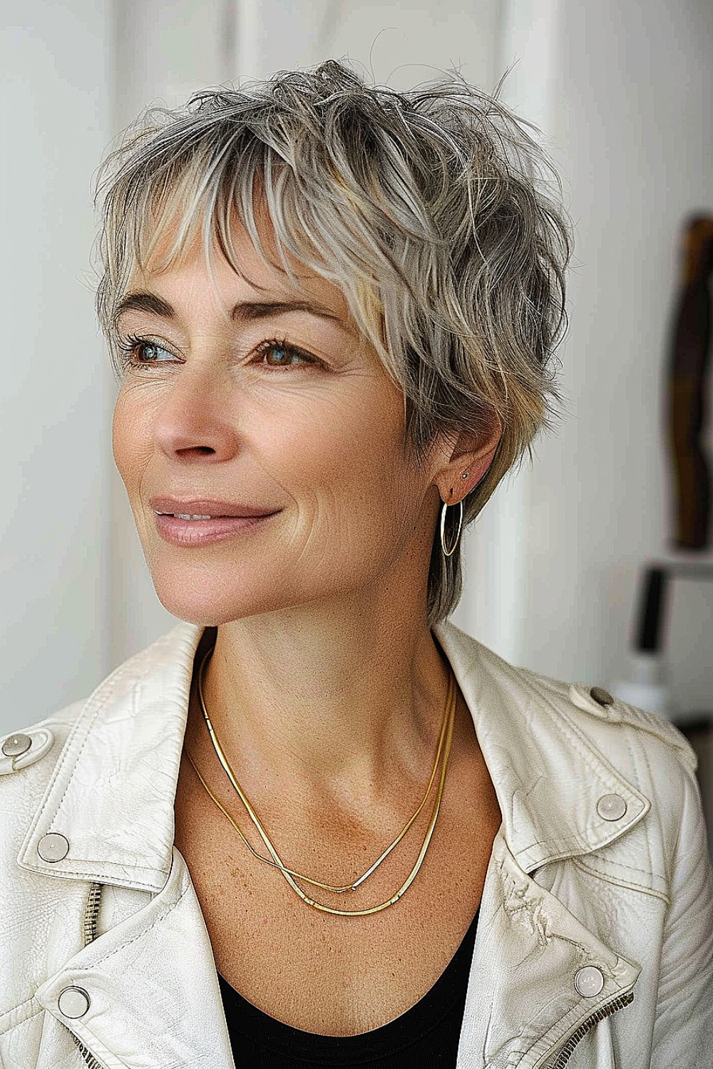 Woman sporting a chic shaggy pixie cut with salt-and-pepper coloring