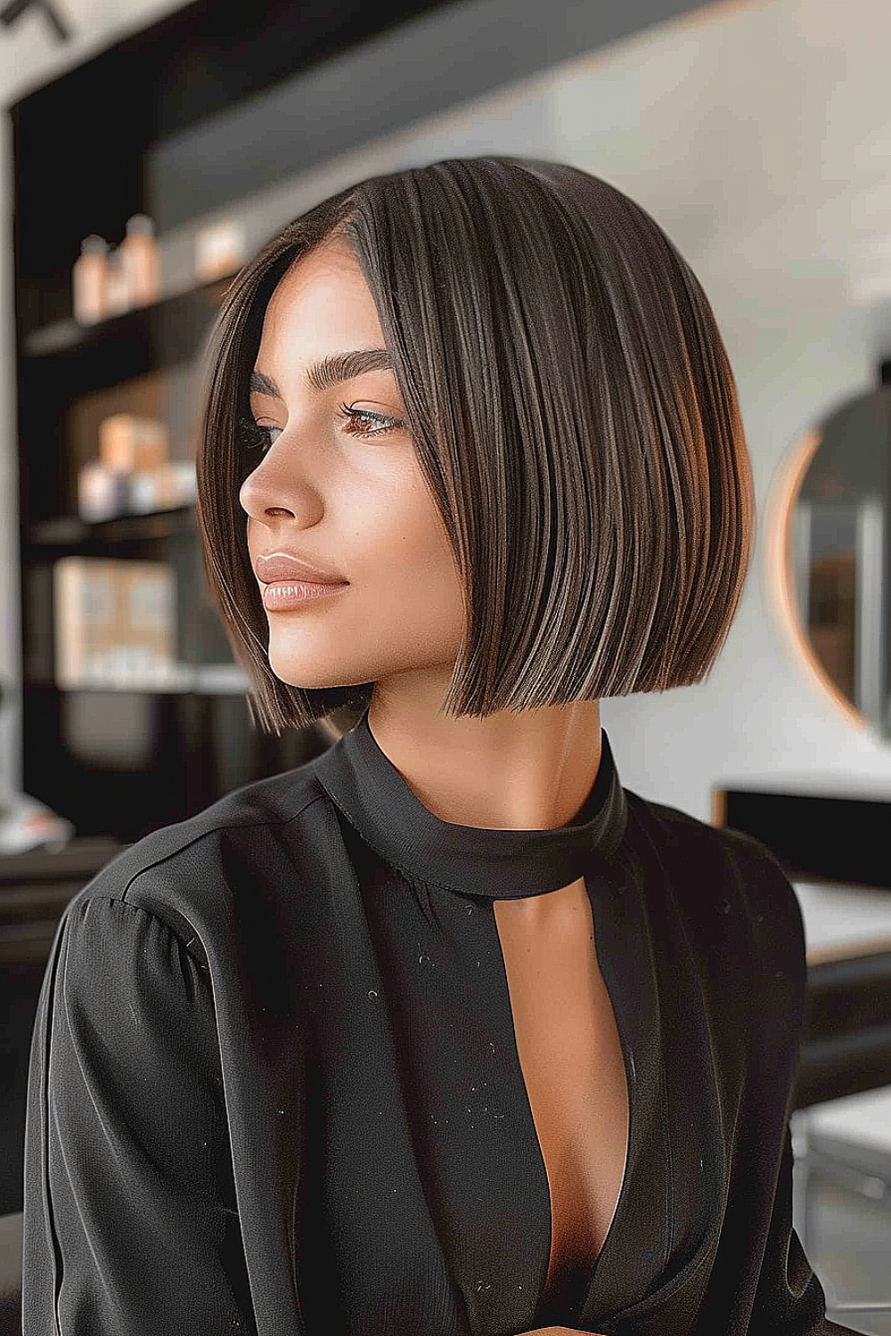 Chin-length blunt bob hairstyle with sleek, straight hair.