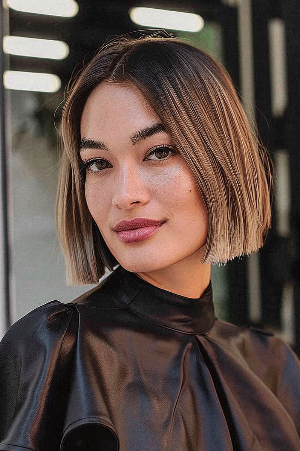 Chin-length blunt bob with subtle ombre coloring